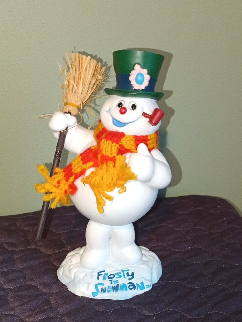 Frosty the Snowman Bobble Figurine with Green Top Hat and Yellow-Orange Scarf